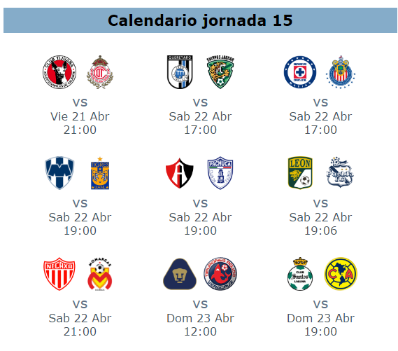 Calendario de la jornada 15 del futbol mexicano clausura 2017
